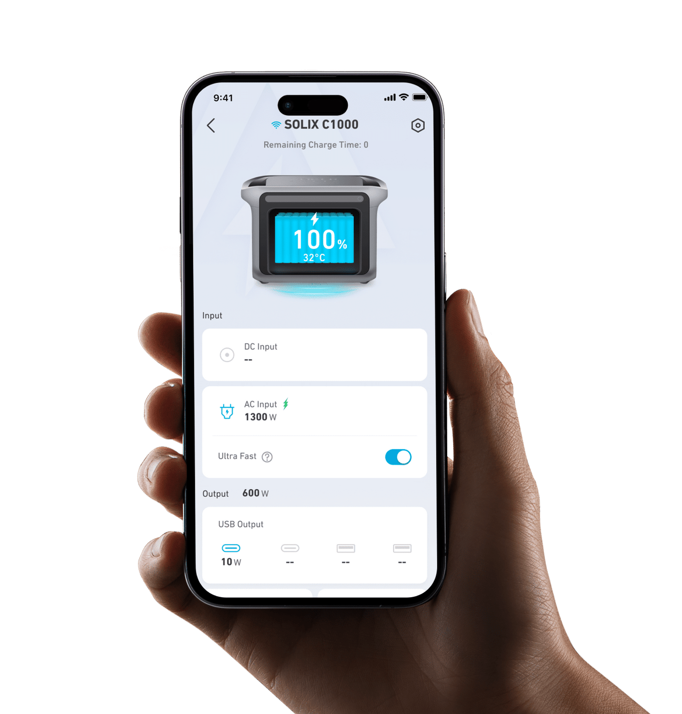 Anker SOLIX C1000 app on a smartphone held in a hand