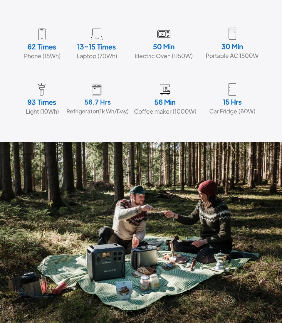 Two campers preparing a meal with a BLUETTI portable power station in a forest