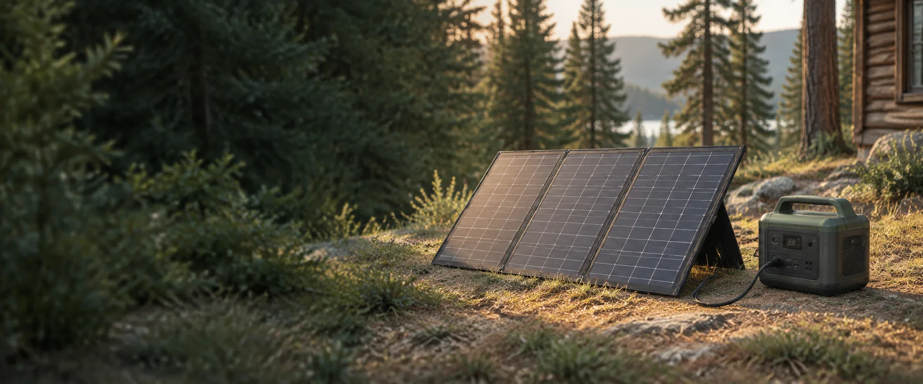 A folding solar panel connected to a portable power station in a sunlit forest clearing