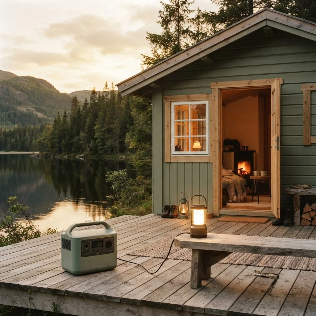 Illustrative lakeside cabin at dusk, with a portable battery powering a lantern on the wooden porch