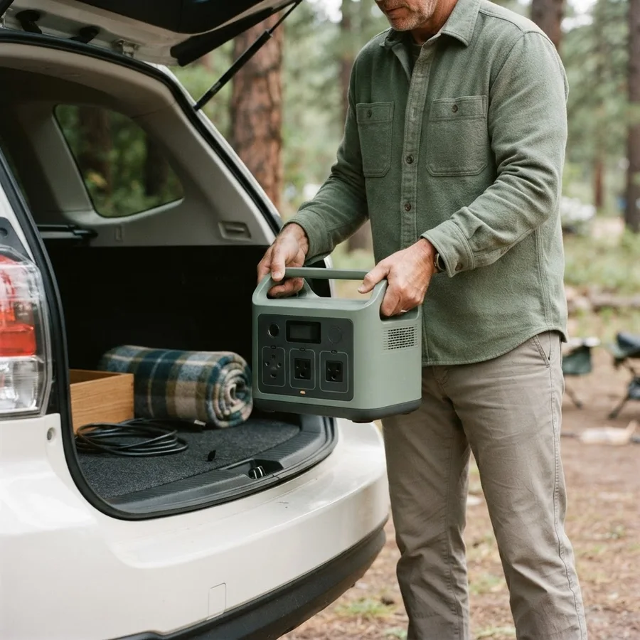 Illustrative traveler lifting a portable station with both hands beside an open car trunk