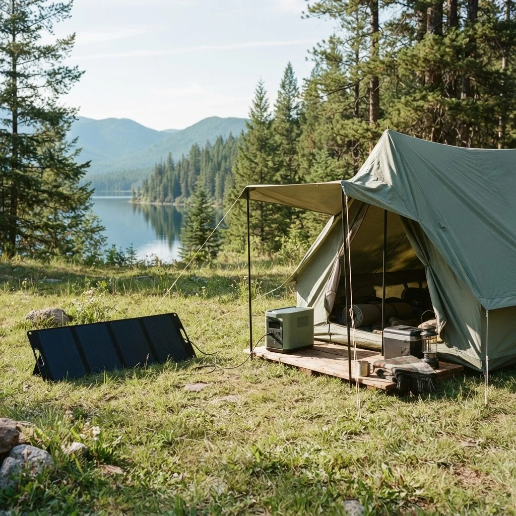 Illustrative campsite with folding panels in the sun and a portable station beside a tent and cooler