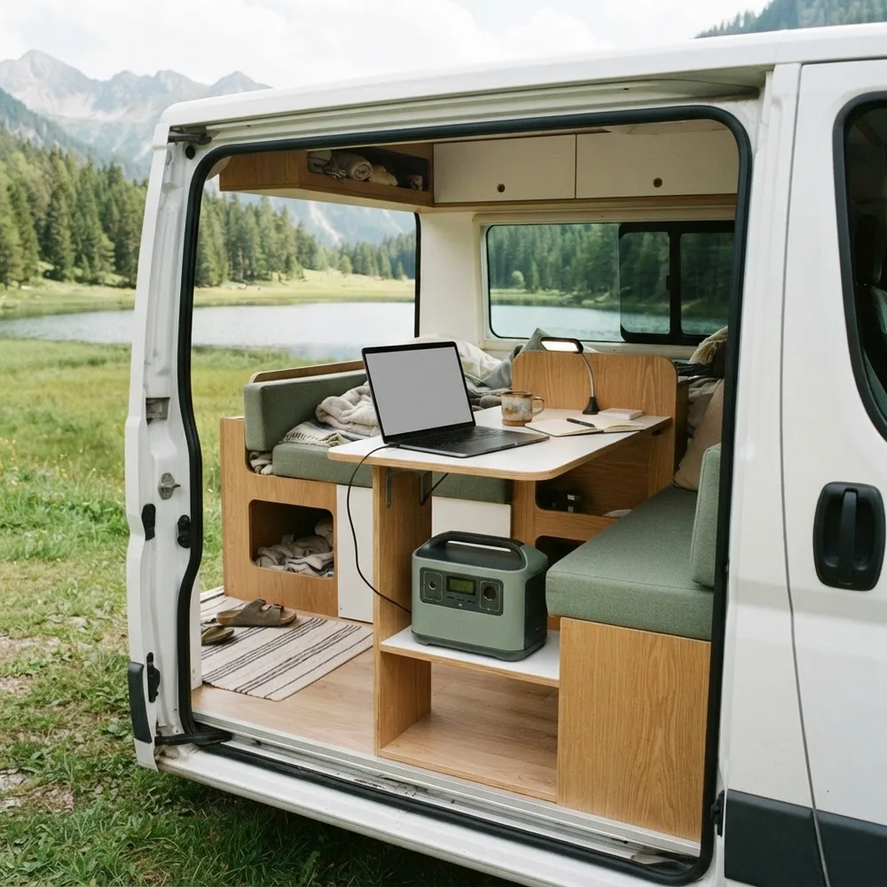 Illustrative campervan workspace with a laptop connected to a portable station below the desk