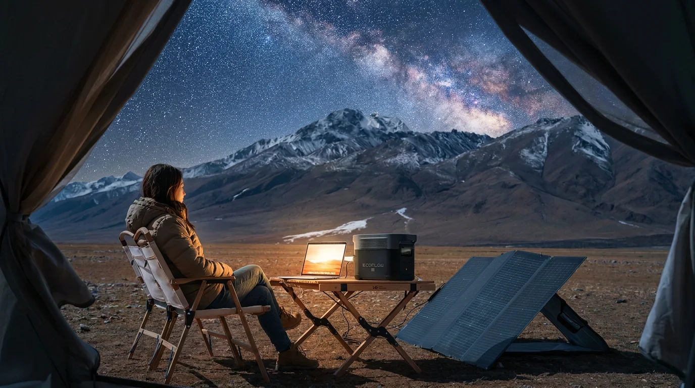 Camper watching the Milky Way from a tent with a portable power station and solar panel
