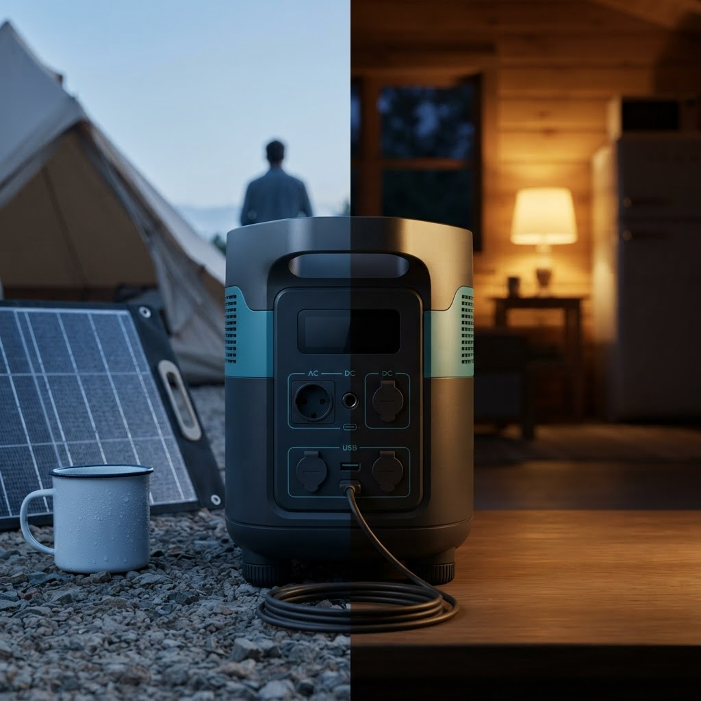 Portable power station shown transitioning from a dawn campsite with a tent and folding solar panel to a warm cabin interior with a lamp and fridge