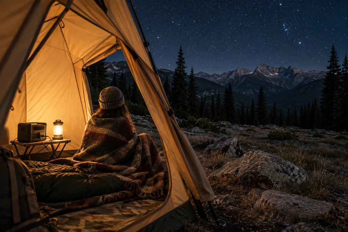 Camper wrapped in a blanket beneath a starry mountain sky, with a battery-powered lantern inside a glowing tent