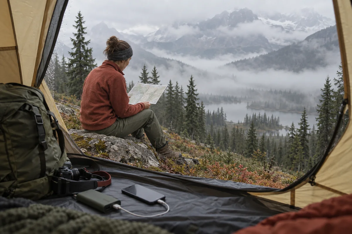 Hiker reading a map outside a tent above a misty valley, with a phone charging from a small power bank inside