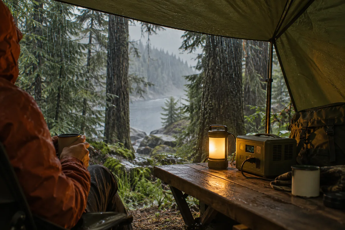 Camper with a mug under a forest tarp, with a lantern and portable station sheltered from the rain