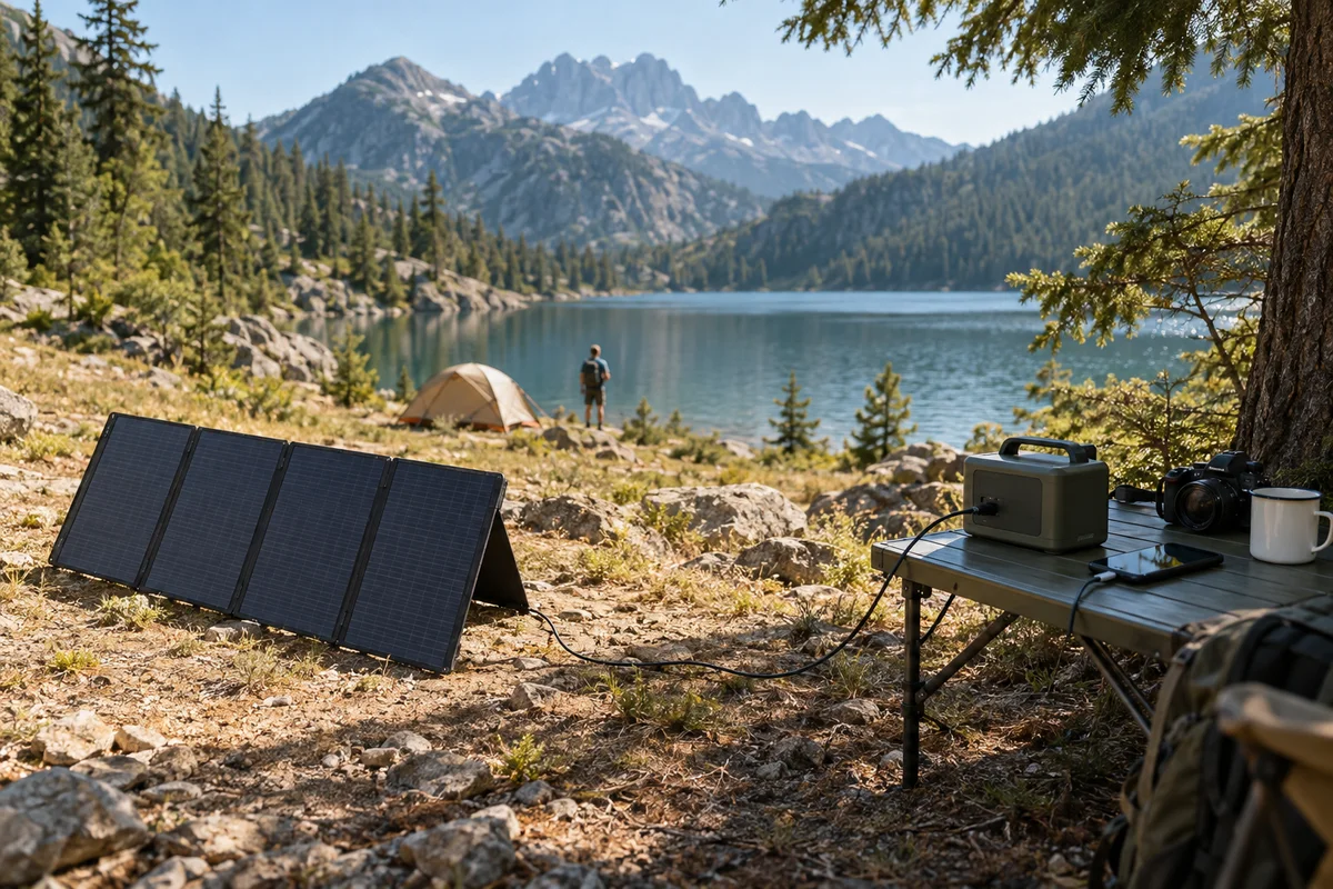 Folding solar panels connected to a shaded portable battery at a sunny alpine lakeside campsite