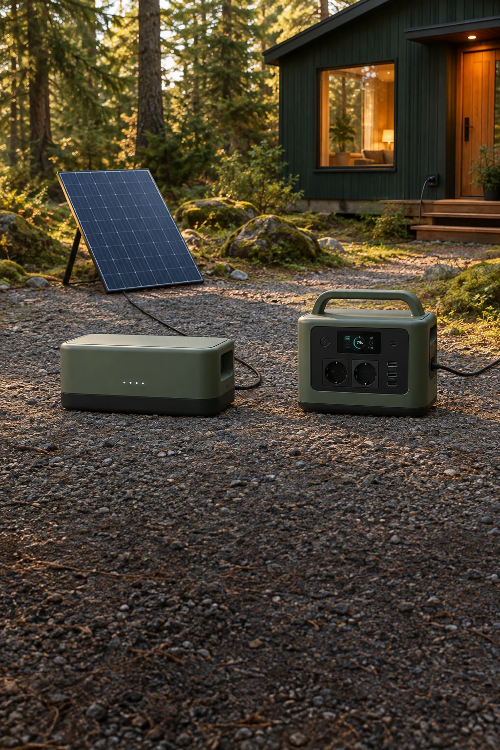 A solar panel, sage-green extra battery and portable power station together on a forest clearing beside a warmly lit timber cabin