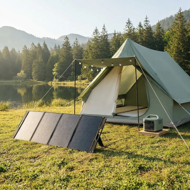 Illustrative sunny lakeside campsite with an unfolded solar panel charging a station beside a green tent