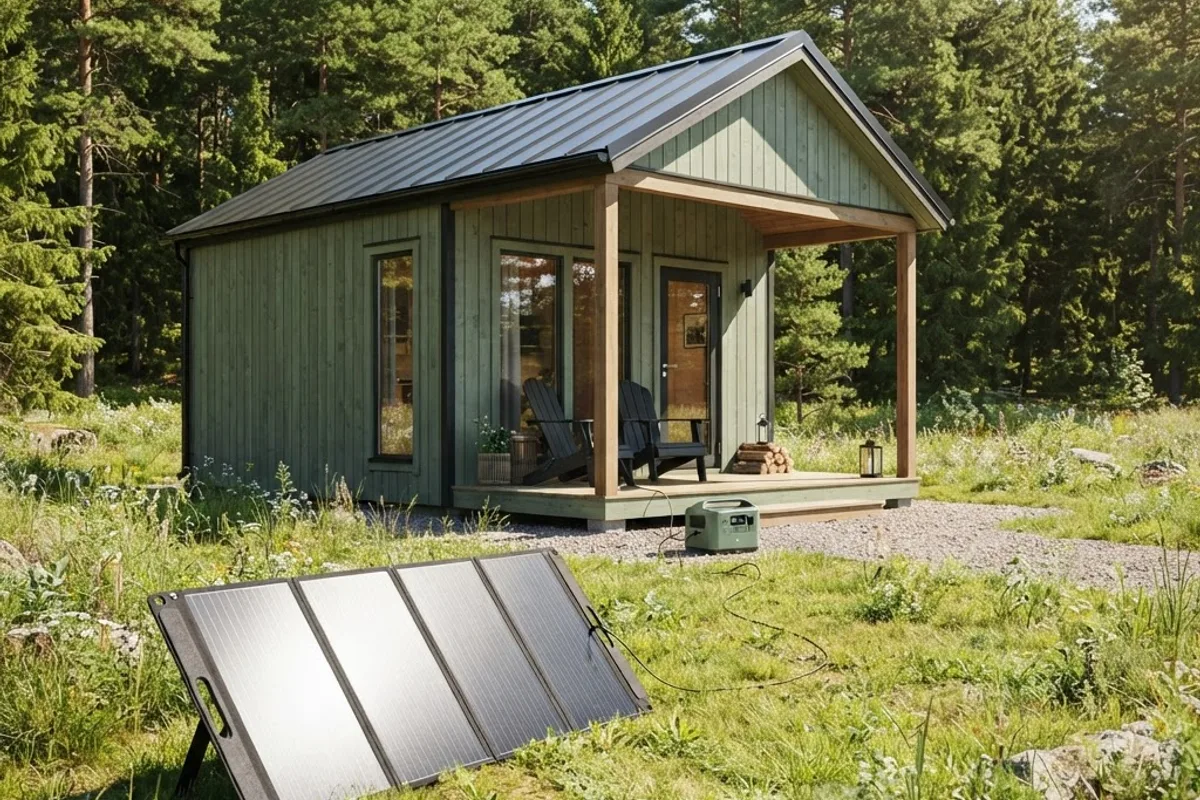 Small green cabin at midday with a folding solar panel on the lawn charging a portable station on the porch