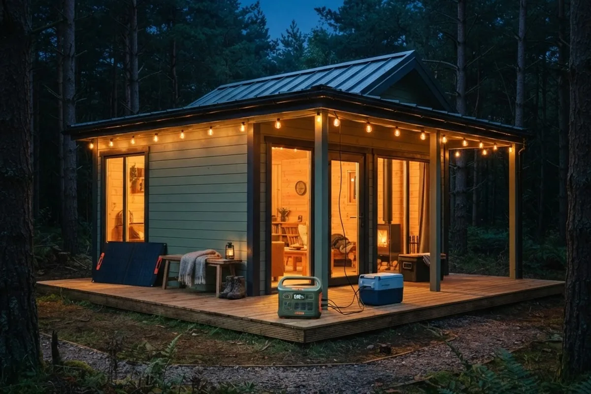 The same cabin at night, windows and porch lights glowing, powered by a portable station beside a camping fridge
